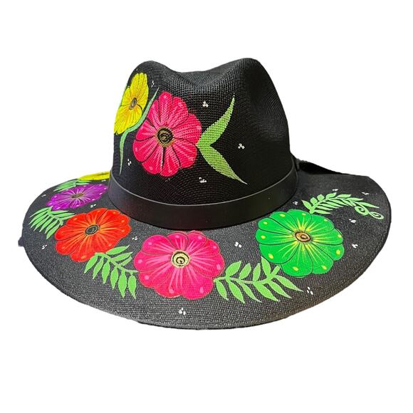 HAT MEXICAN Artisanal Hand Painted Fedora Floral Sombrero Panama Bohemian Black main image 8